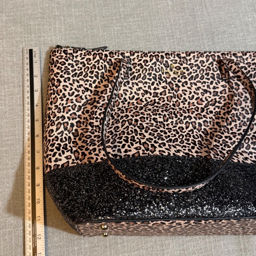Kate Spade Leopard Print Tote Bag Glitter Bottom Black Tan Animal Print Large - Picture 8 of 9